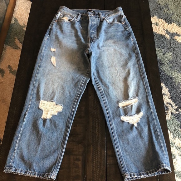 Express Dad Jeans Size 2 100% Cotton Rigid Denim Distressed Cropped High Waist - Picture 3 of 16